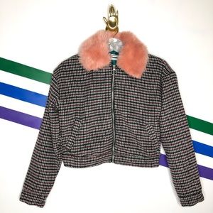 NEW Urban Outfitters houndstooth furry collar coat